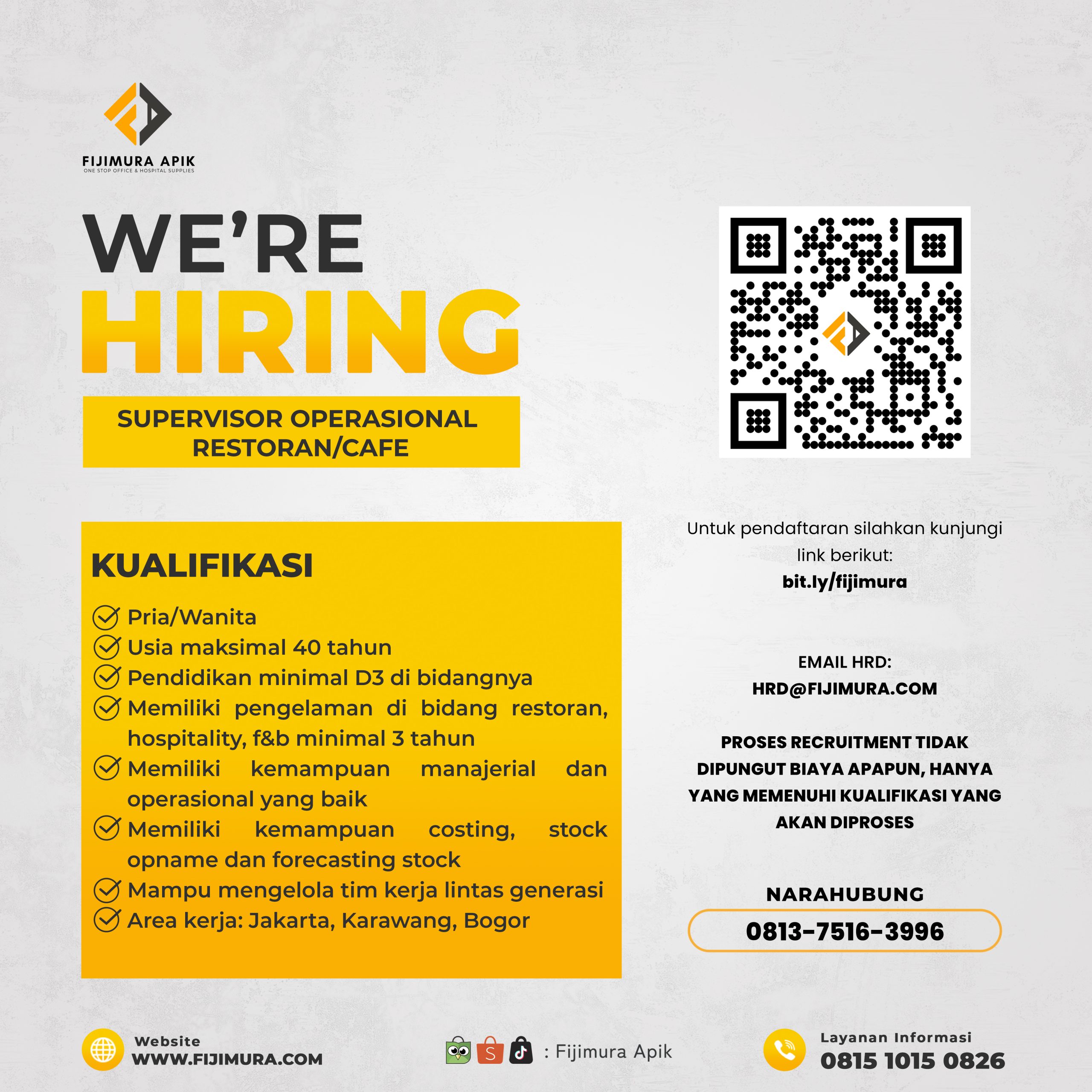 Dibutuhkan Supervisor Operasional Restoran/Cafe Karawang